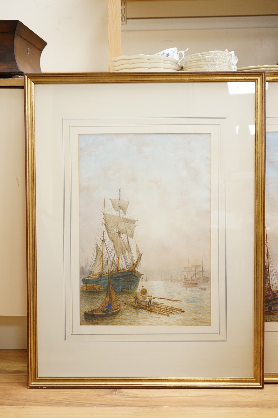 Bernard Benedict Hemy (1844-1910?), pair of watercolours, Frigates and fishing boats at anchor, each signed, 52 x 36cm